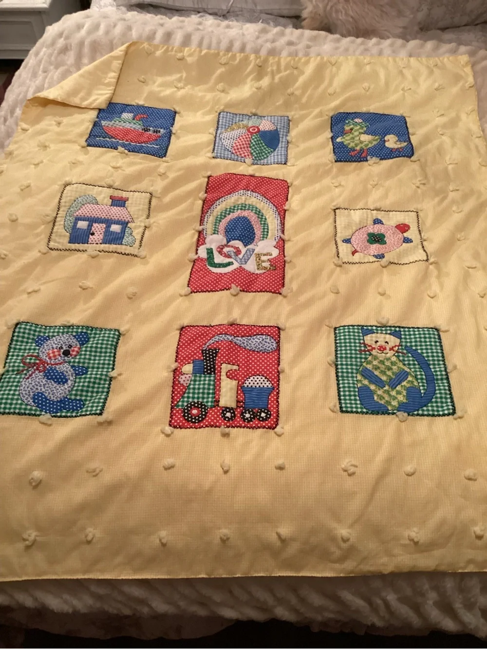 Vintage 70’s Yellow Kids Patchwork Play Blanket Quilt with Colorful Appliqué